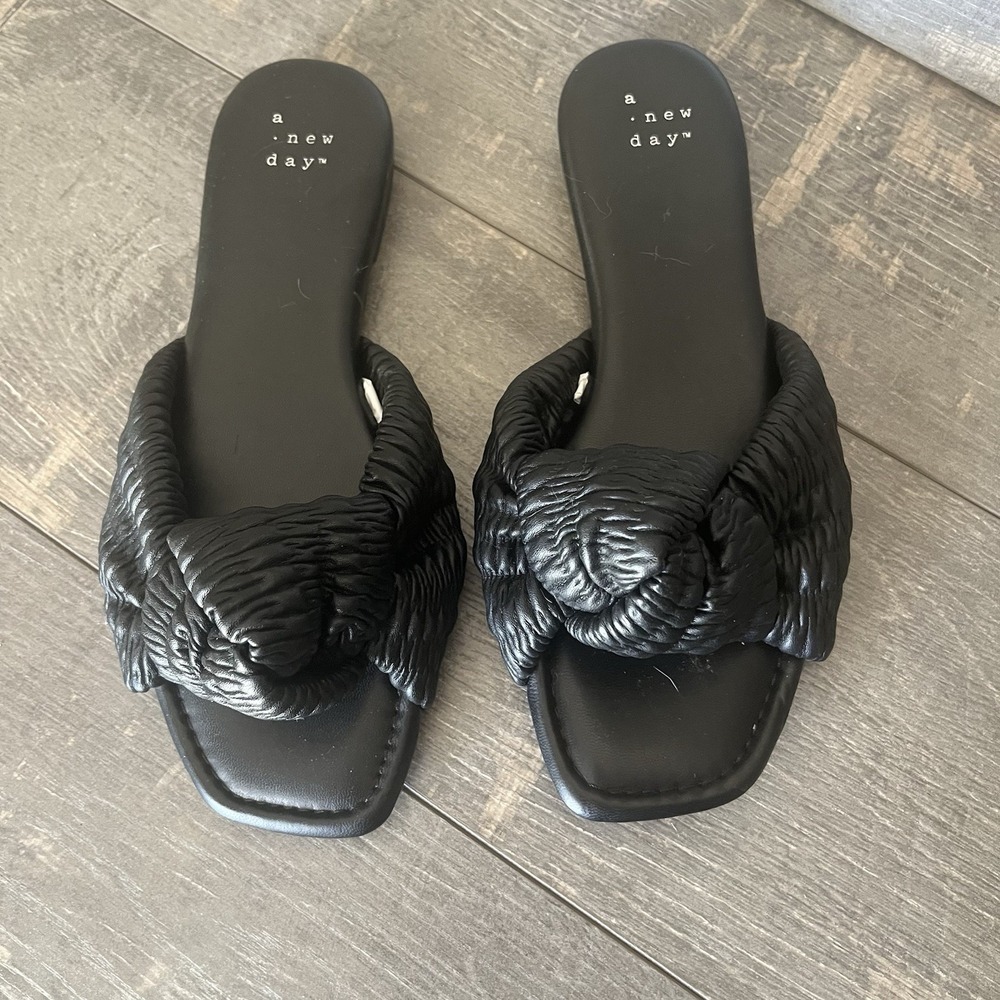 A New Day Black Knot Slide Sandals Womens Size 7 Square Toe Minimalist Comfort - Picture 3 of 9